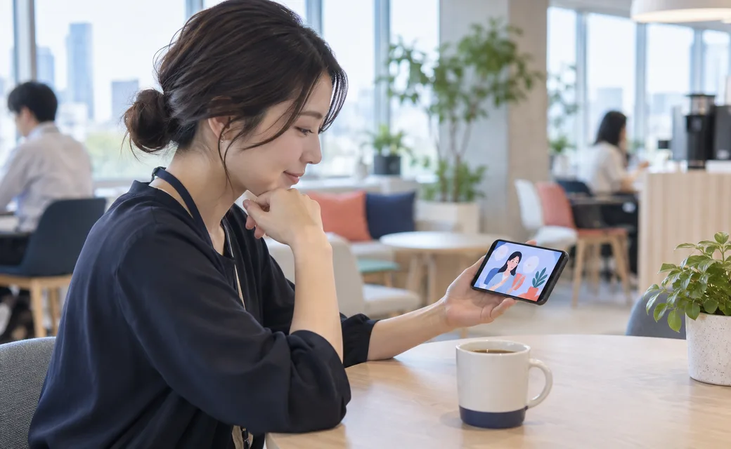 スマートフォンで短い教材を見る社員