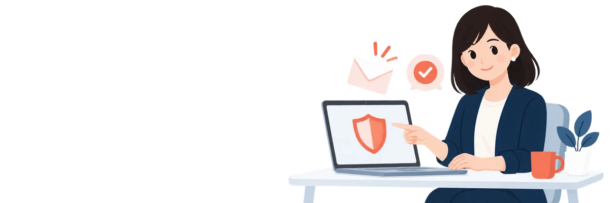 訓練メールに気づき、報告ボタンを押す情報システム部門の担当者のイラスト