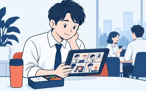 休憩中にタブレットでマンガの教材を読む社員のイラスト